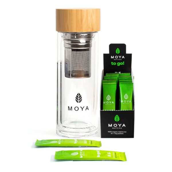 Moya Matcha To Go Set inclusief een glazen dubbelwandige thermosfles voor het bereiden en bewaren van Matcha Thee of Losse Thee - Deze set is inclusief 24 zakjes Matcha thee